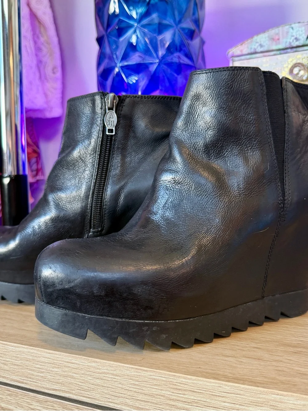 ASH Iron Black Leather Wedge Ankle Boots - US 8 / 38